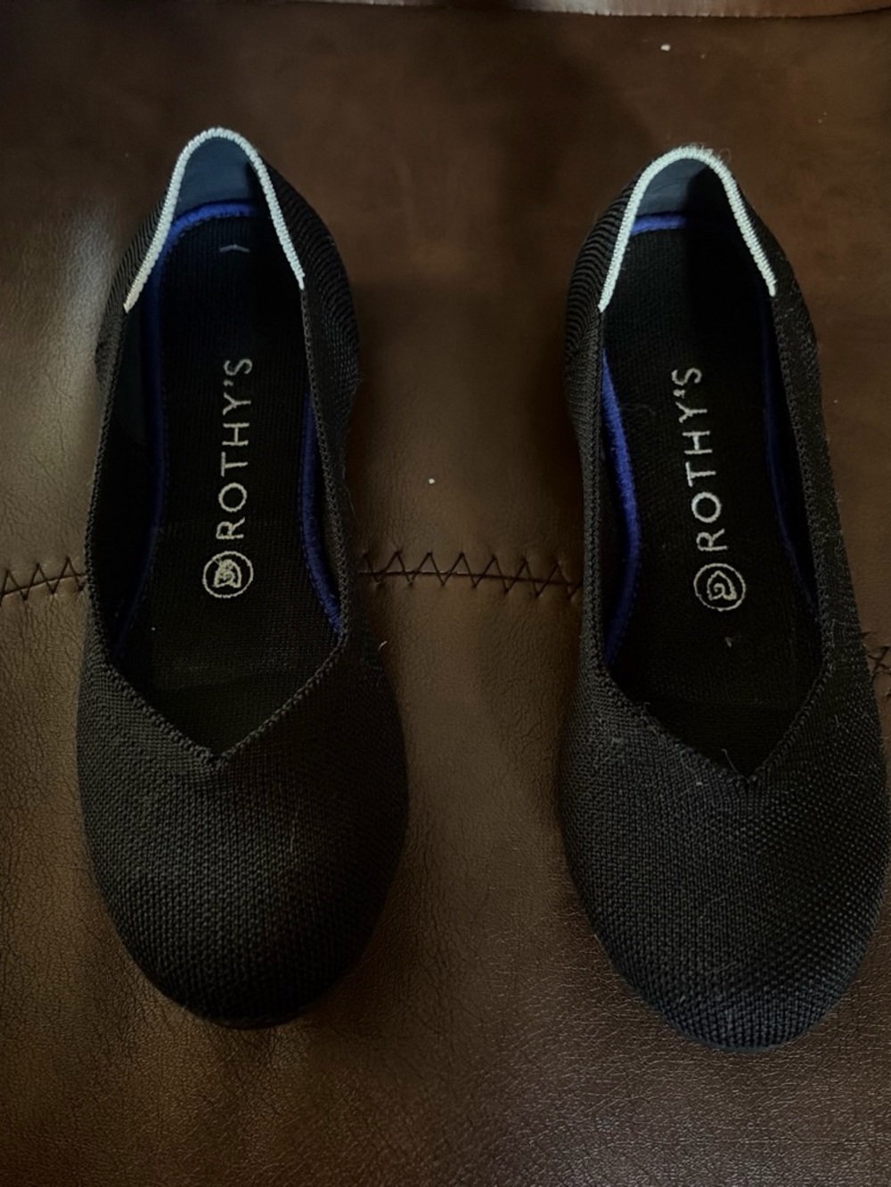 Rothy's Black Knit V‑Cut Ballet Flats with White Trim